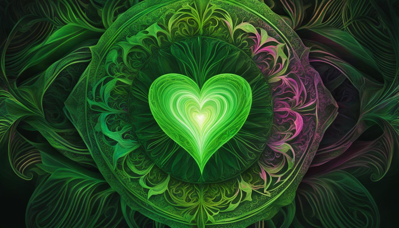 An abstract depiction of the heart chakra featuring swirling, vibrant shades of green and pink.