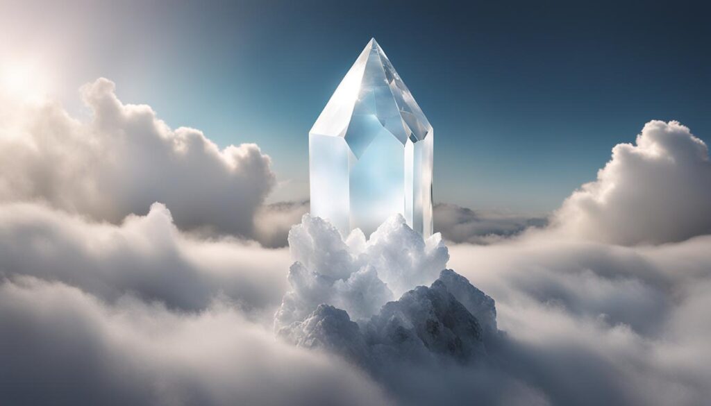 a white quartz crystal glowing with healing energy, surrounded by a field of soft, misty clouds