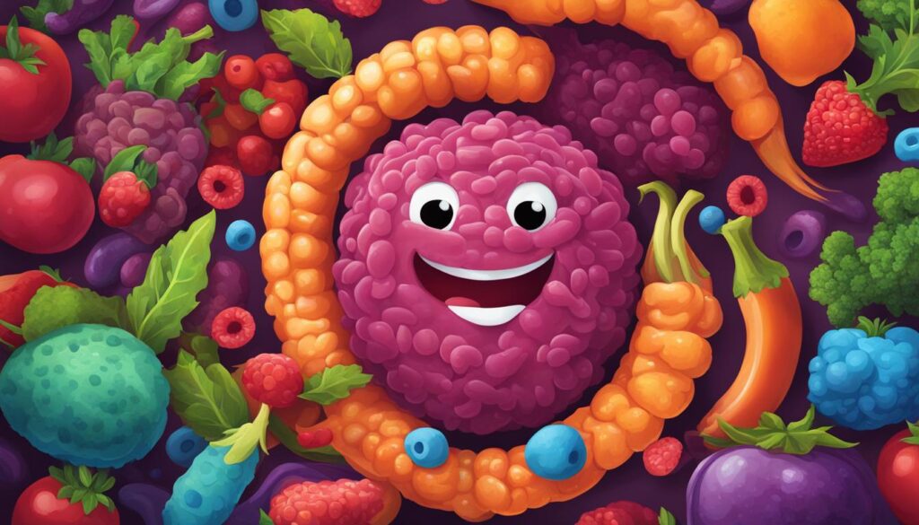 A colorful, cartoonish image of the colon with friendly, smiling bacteria and healthy fiber-rich food lining its walls