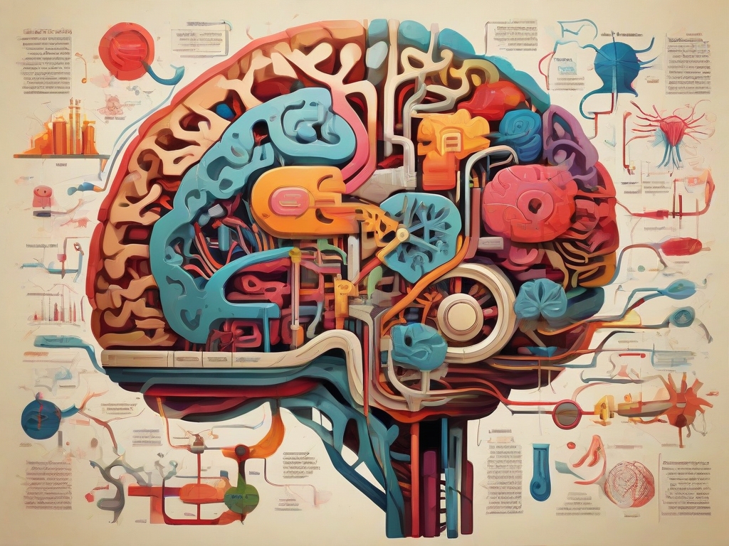 A vibrant and colorful illustration depicting the many different areas of the brain in artistic way