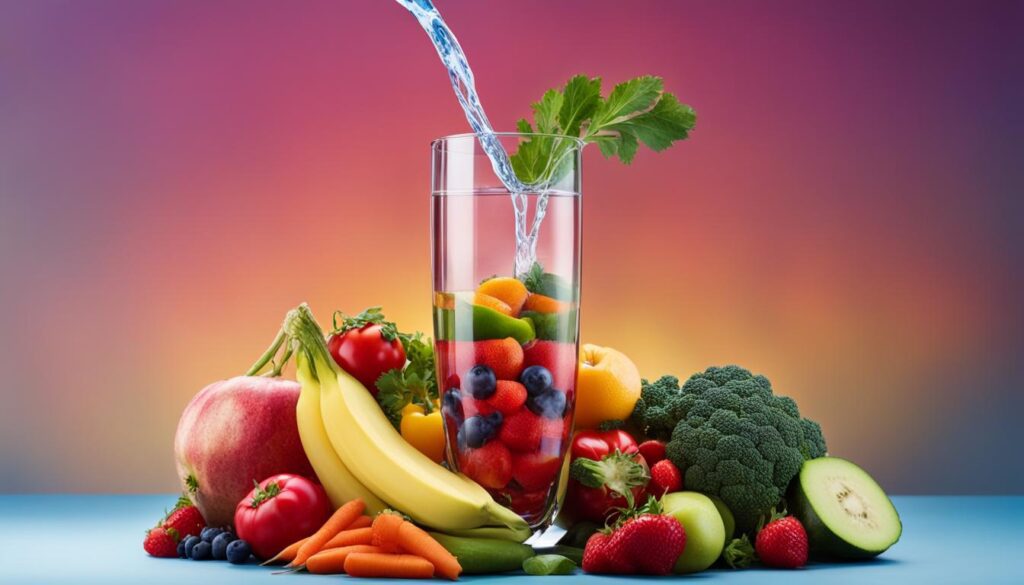 A glass of water surrounded by fresh fruits and vegetables, with a colon-shaped tube running through the center of the image.