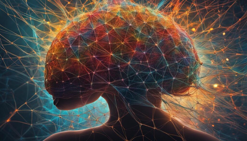 intricate web of neural pathways in the brain, with a mix of vibrant and muted colors to represent the differing levels of activity.