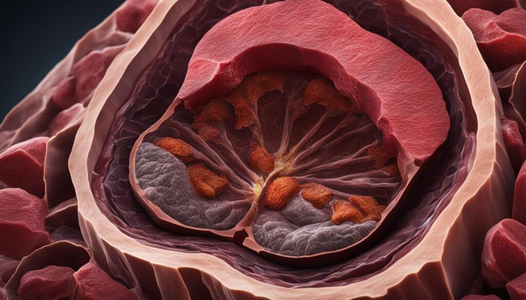 A cross-section view of a liver with dark and damaged tissues.