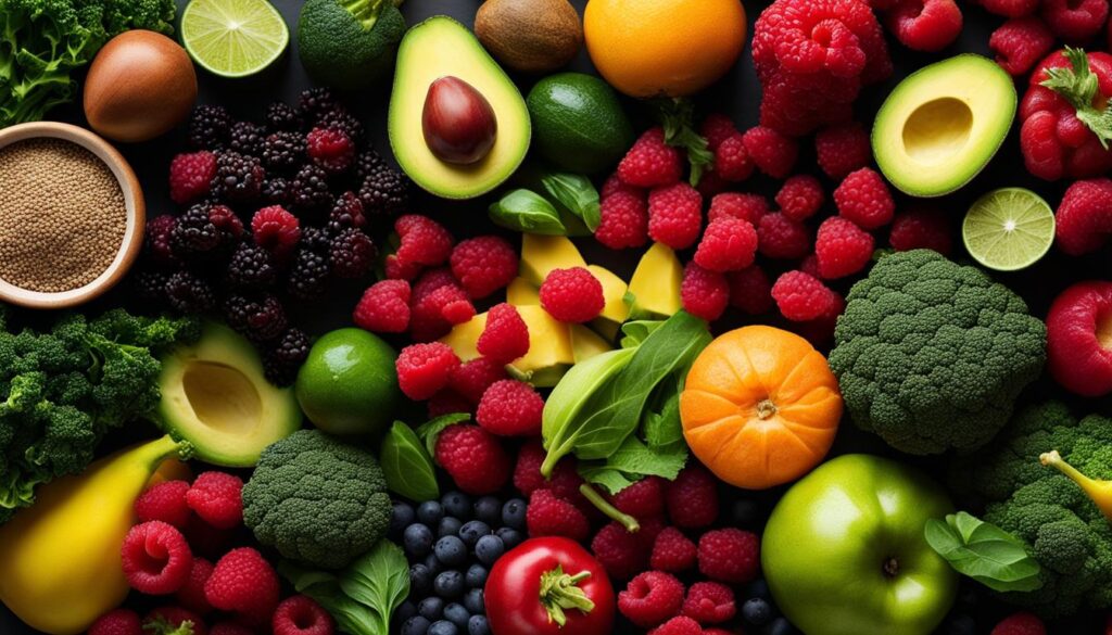 a colorful array of fruits and vegetables that are high in fiber, such as raspberries, broccoli, chia seeds, kale, avocado, lentils, and black beans