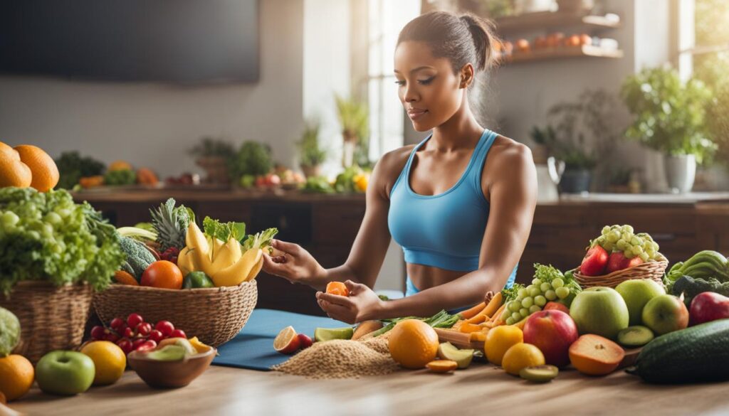 a person surrounded by fruits and vegetables