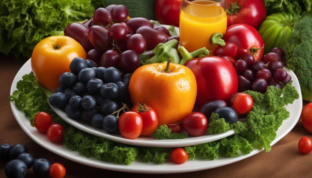 An image of a healthy kidney sitting on a bed of fruits and vegetables.