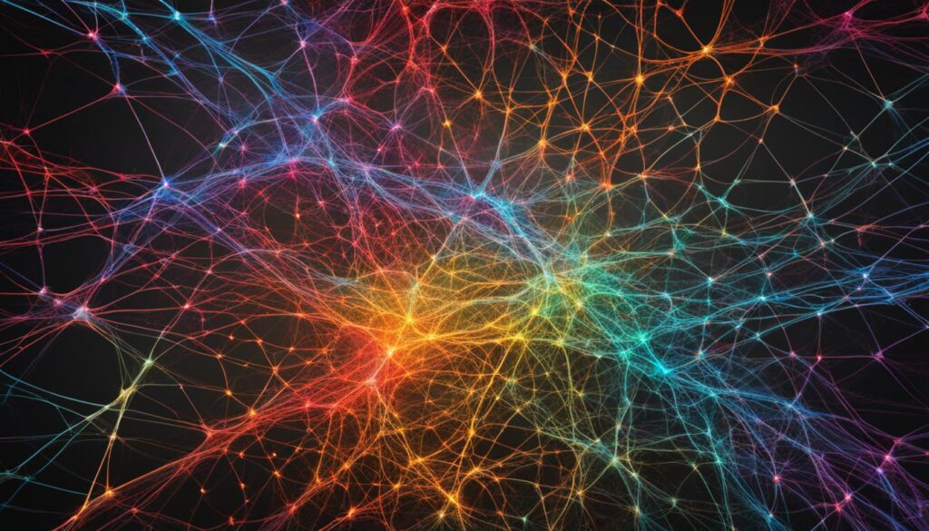 a complex network of neurons in the brain, with each neuron represented as a small, colorful circle connected to other circles with thin, branching lines