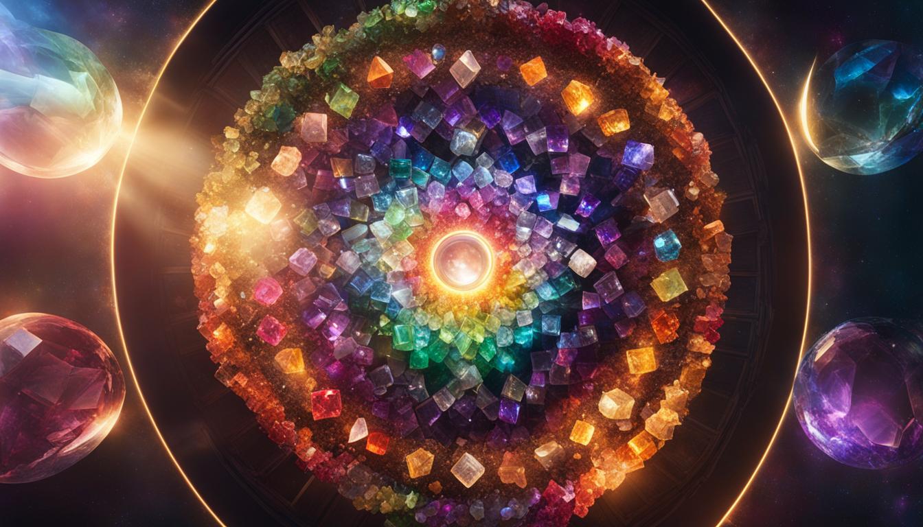 A rainbow of crystals arranged in a circle, each labeled with their specific healing properties