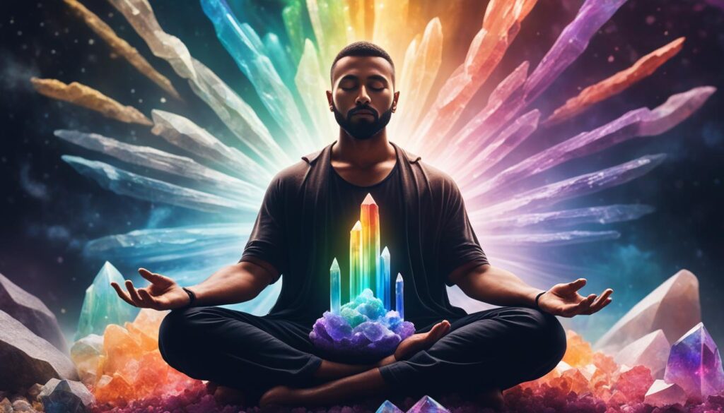 a person meditating with a crystal in hand, surrounded by a glowing aura of rainbow colors.